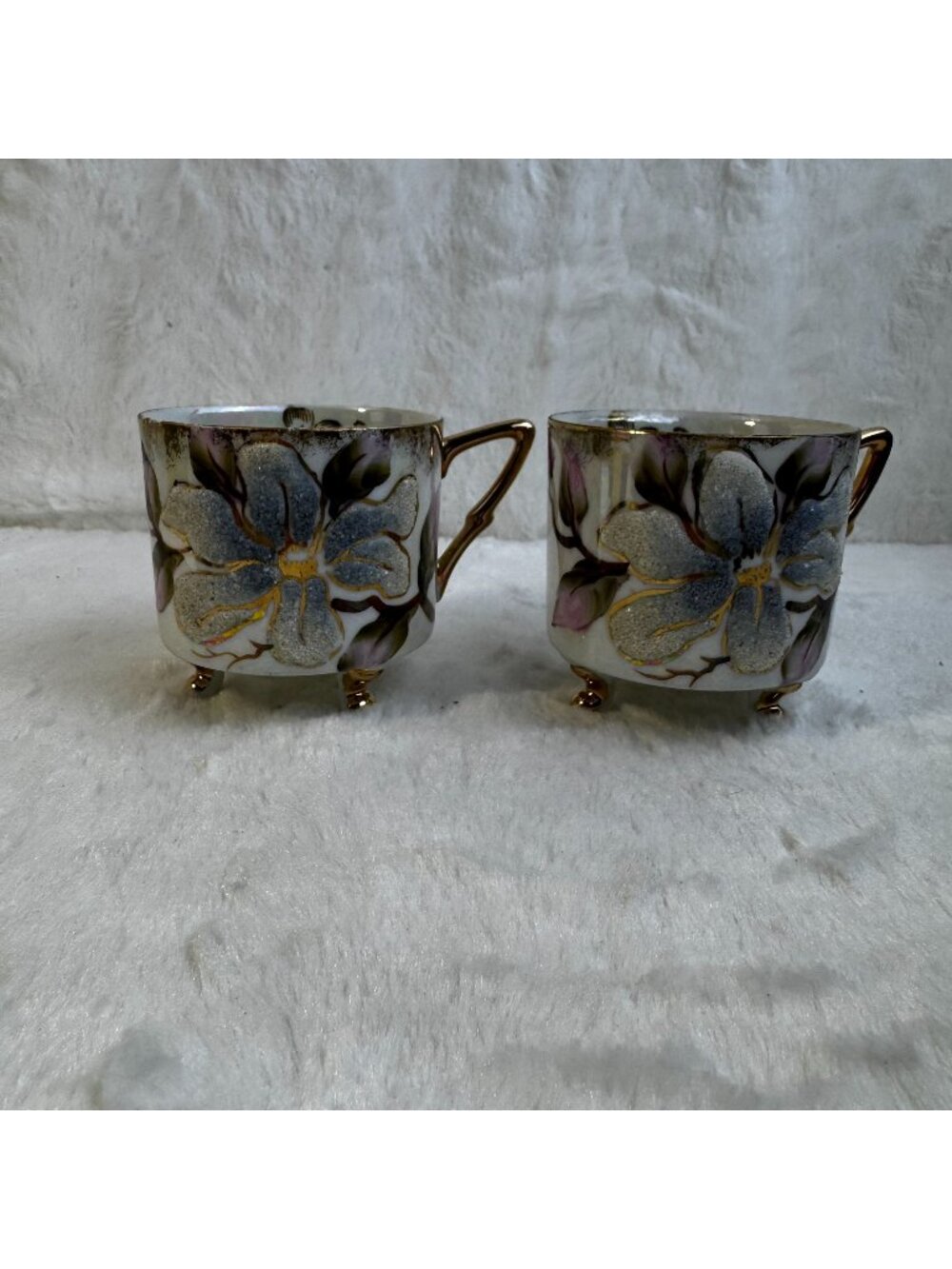Vintage Coralene Beaded Nippon Antique Luster Footed Teacups Pair iridescent